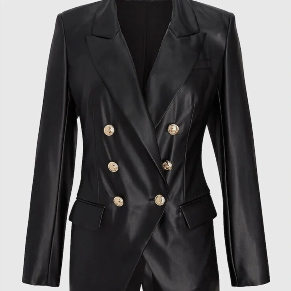 EXPRESS BLACK FAUX LEATHER Gold Novelty Button Double Breasted BLAZER JACKET - Picture 3 of 6